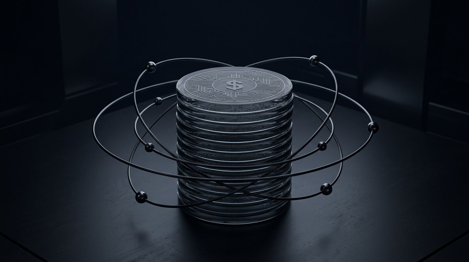 A glass coin stack etched with a dollar sign, orbited by chrome atoms